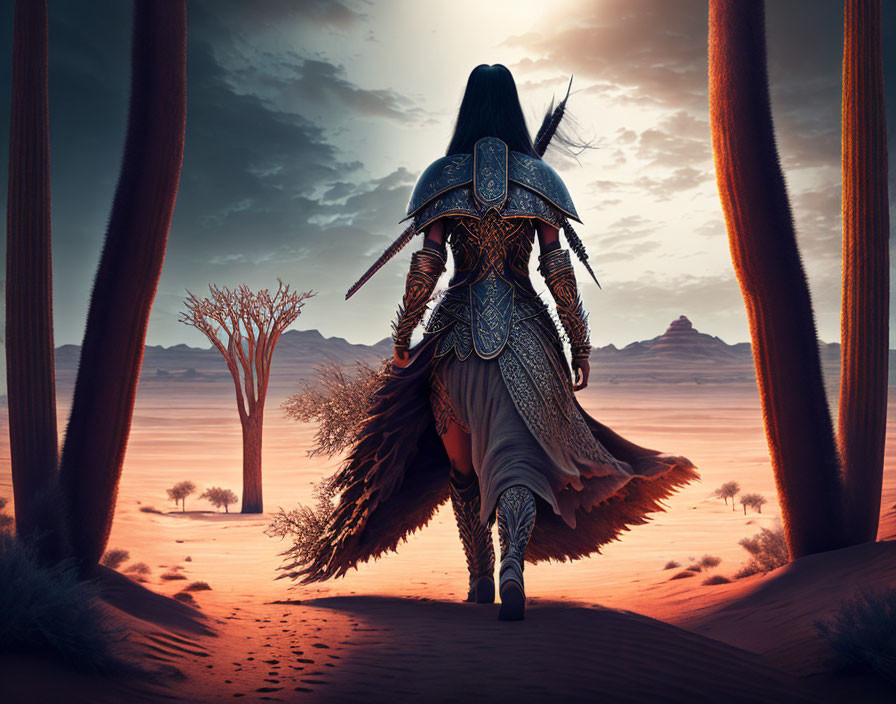 Warrior in ornate armor traverses desert landscape with rocky formations.