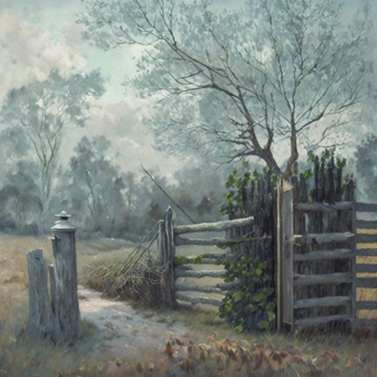 Rustic countryside landscape with old wooden gate, tree, and misty background