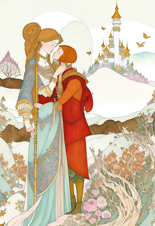 Whimsical illustration of embracing couple in colorful landscape