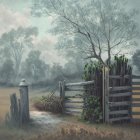 Rustic countryside landscape with old wooden gate, tree, and misty background