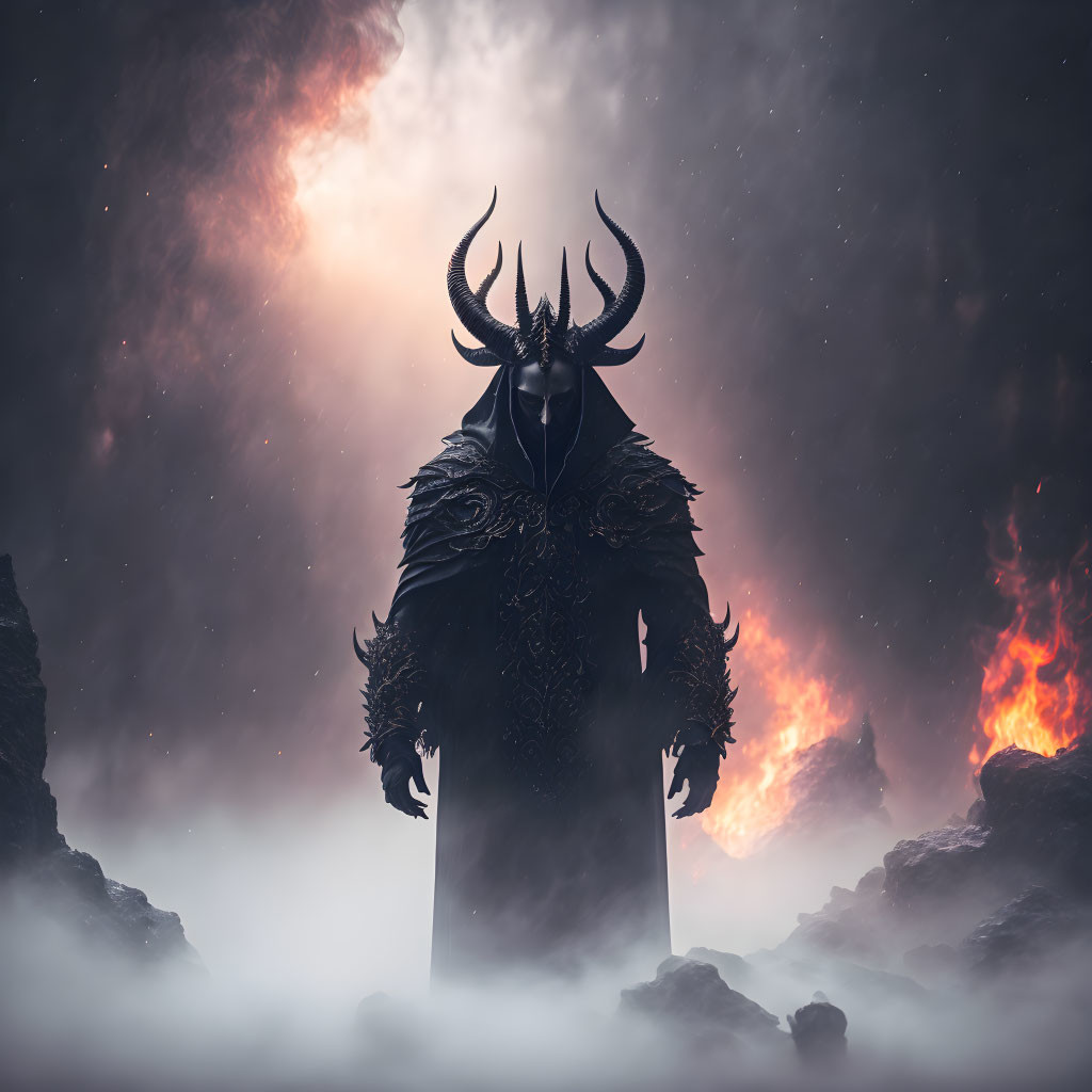 Fantasy figure in horned helmet in misty landscape.