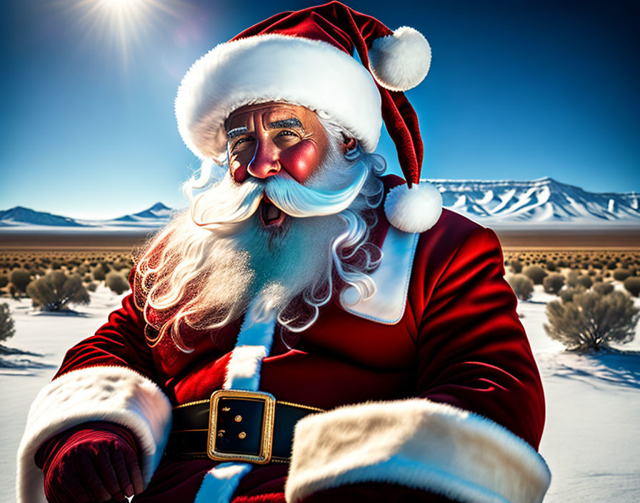 Red-suited Santa Claus driving a sleigh in snowy mountain landscape