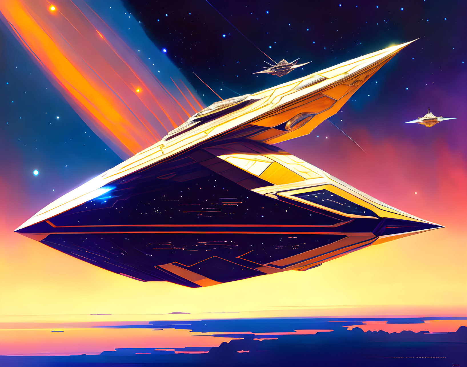 Golden spaceship in purple and orange sky with comets and distant ships