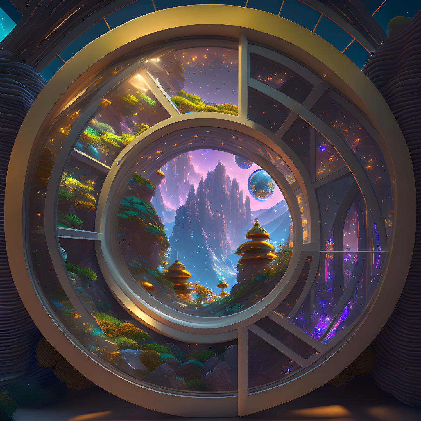 Circular Futuristic Viewport Overlooking Fantasy Landscape