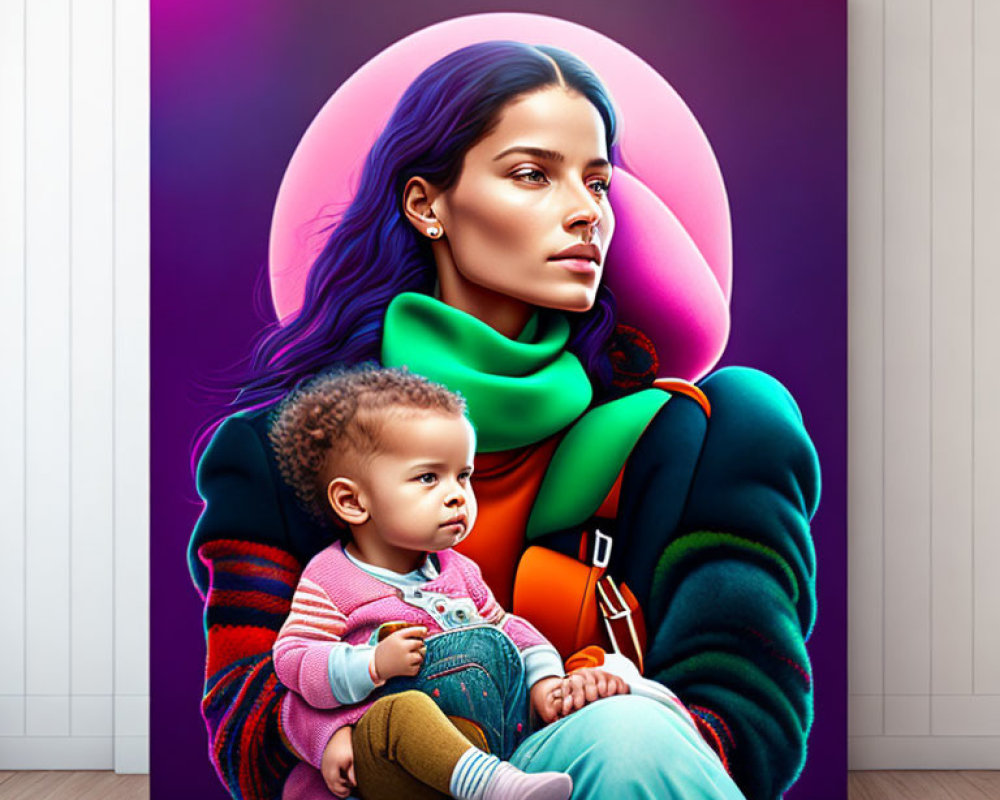 Colorful digital artwork featuring woman and child on canvas in room