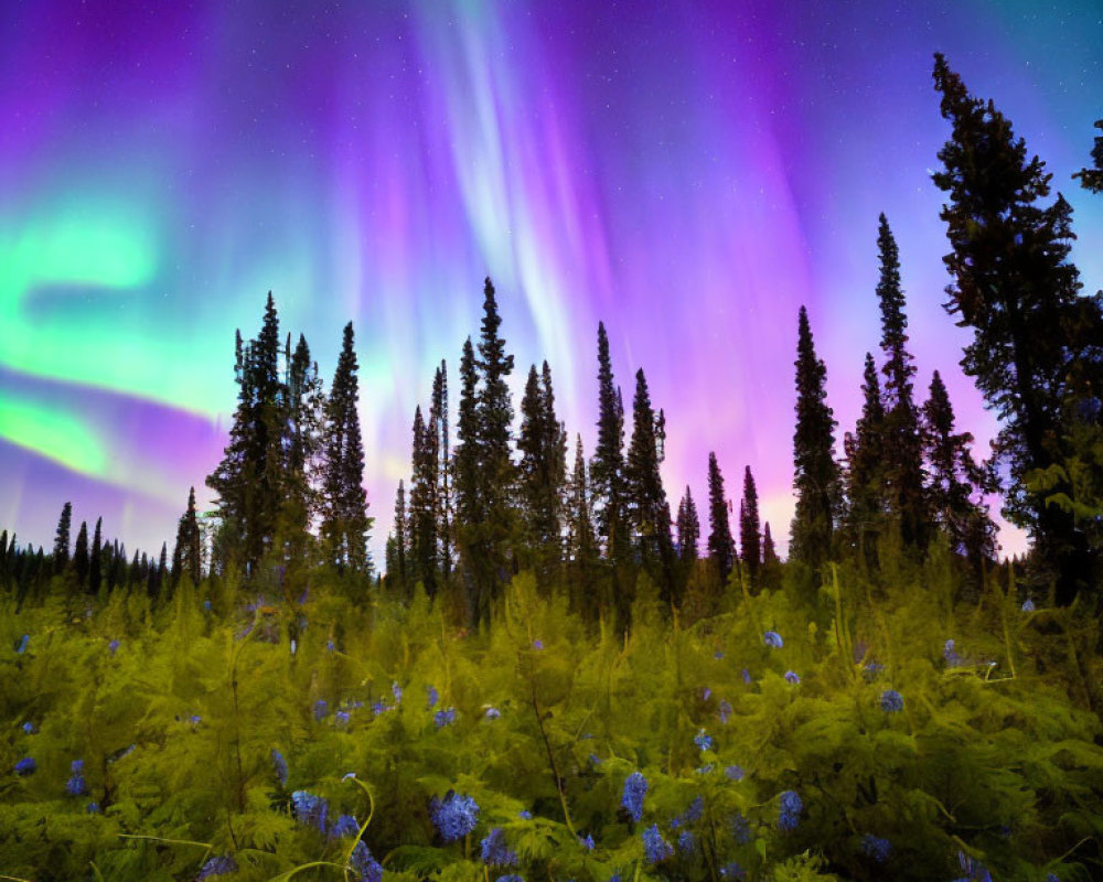 Colorful aurora borealis over forest with silhouette trees and blue flowers