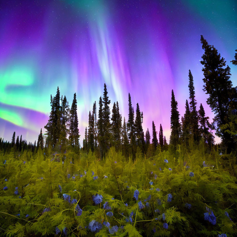 Colorful aurora borealis over forest with silhouette trees and blue flowers