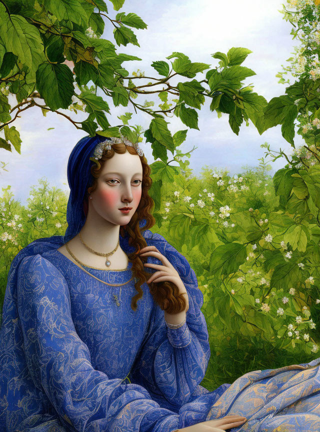 Digital artwork of woman in blue dress with blue hair, adorned with golden crown, set in lush foliage