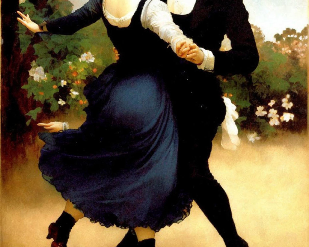 Victorian-era couple dancing in pastoral setting with red-haired woman in blue dress