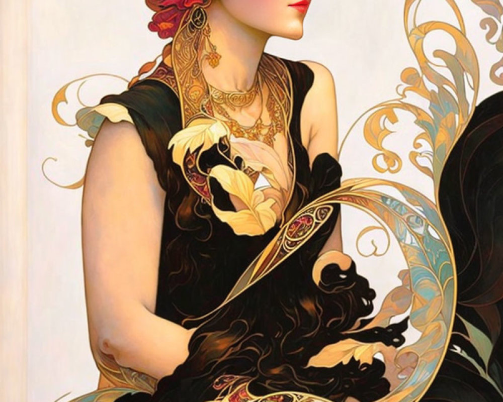 Art Nouveau Style Woman Illustration with Red Headscarf & Black Floral Gown