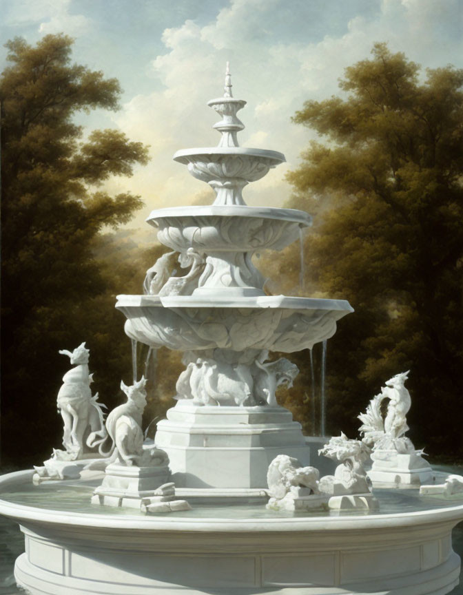 Three-tiered fountain with lion and mythical creature sculptures in lush outdoor setting