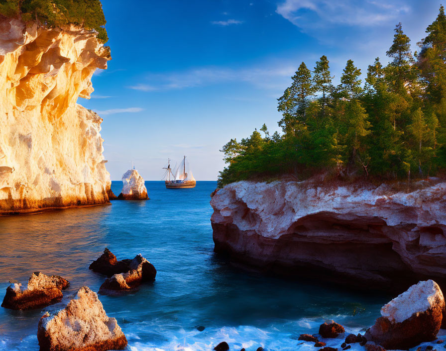 Scenic coastline with rugged cliffs, trees, sailboat, and clear sky