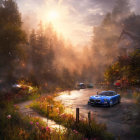 Blue luxury car races through misty forest road at sunset with other vehicles and tower structure.