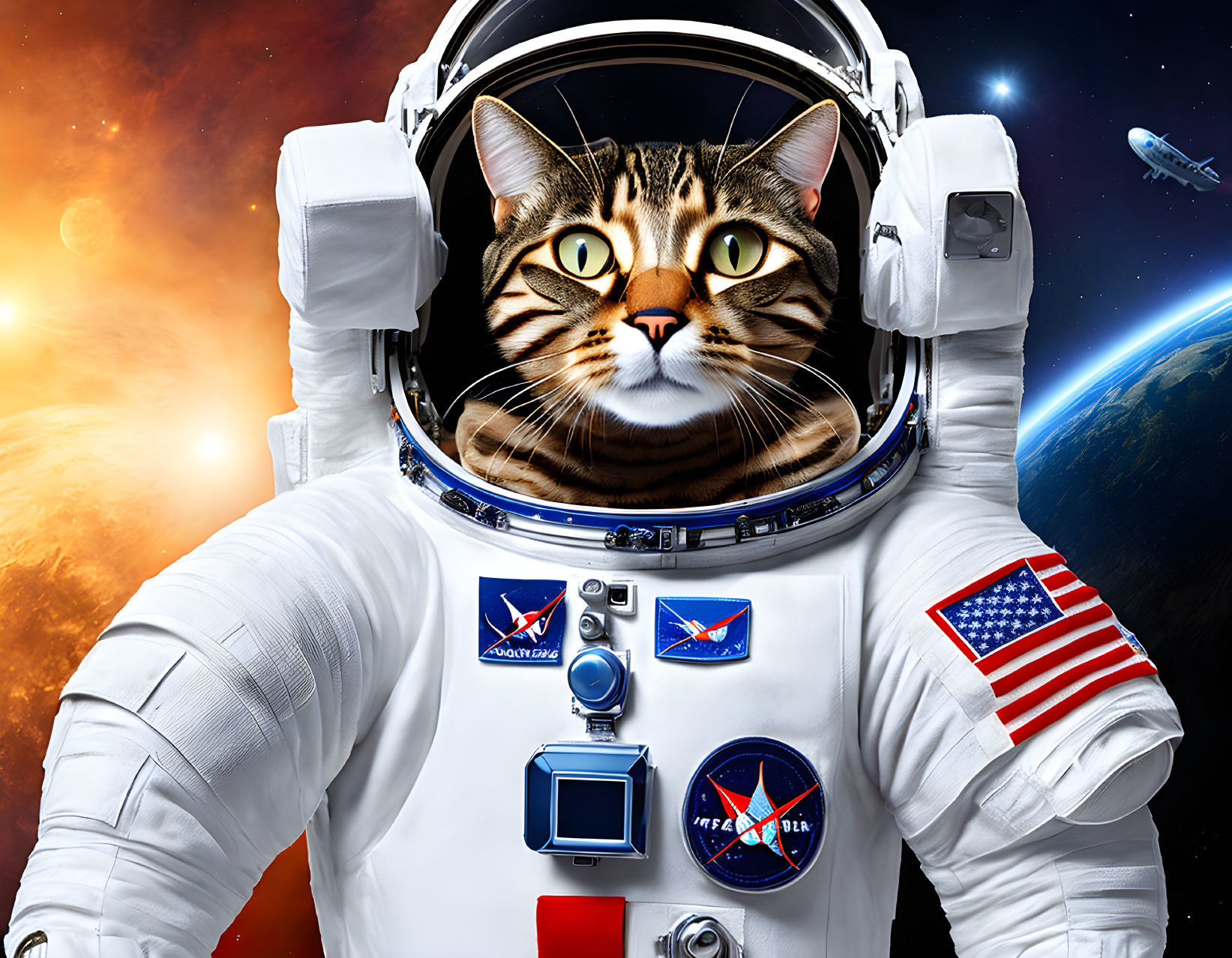 Cat head on astronaut body in space with Earth and satellite.