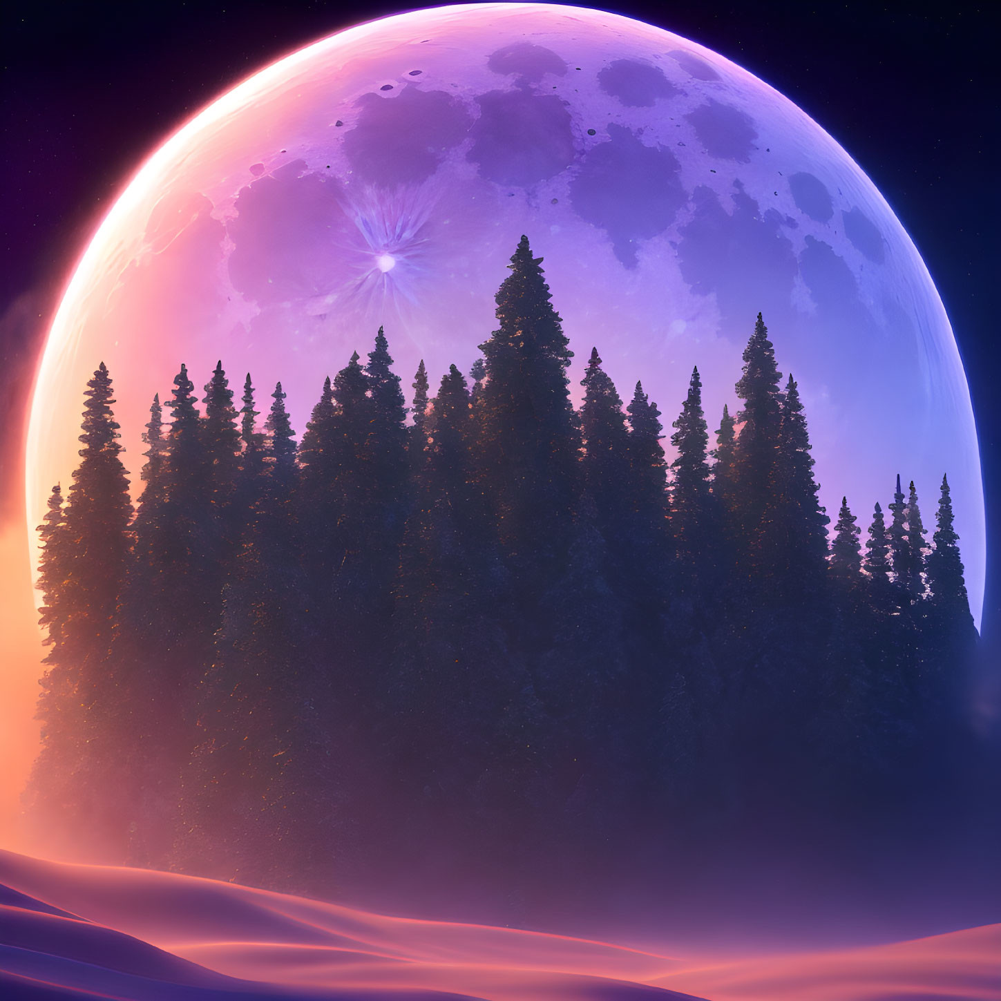 Forest Silhouette with Purple Moon and Starry Sky Scene