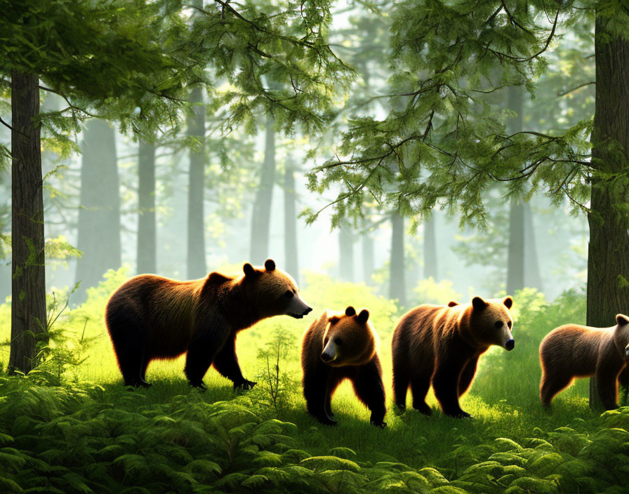 Brown bears in lush forest glade with sunlight & green ferns