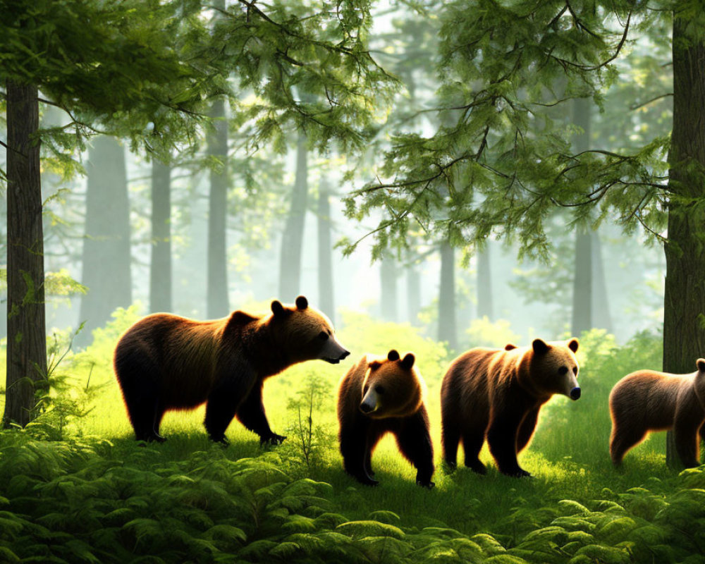 Brown bears in lush forest glade with sunlight & green ferns