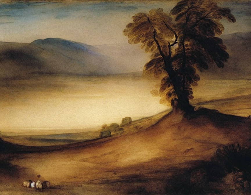 Pastoral landscape with large tree, sheep silhouettes, and figures at dusk