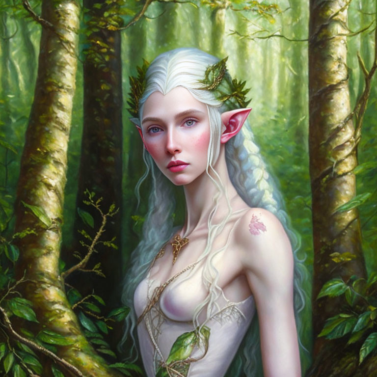 Ethereal elf with pointed ears in leaf crown among lush trees