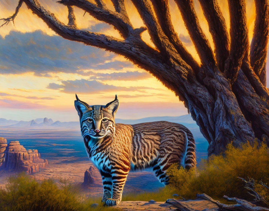 Bobcat under tree in canyon sunset landscape