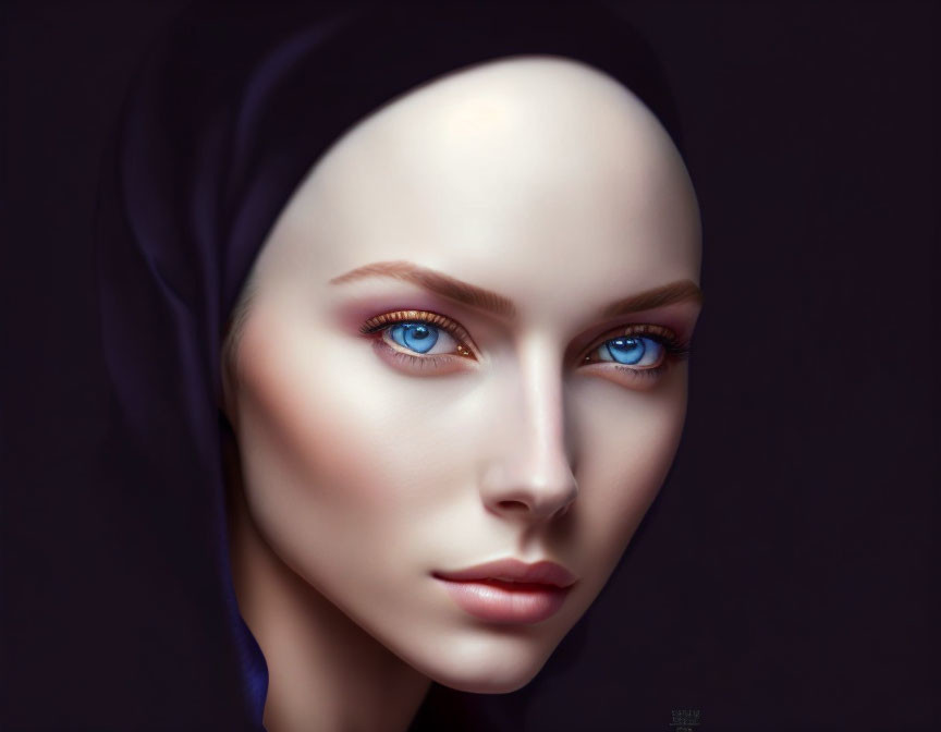 Portrait of Woman with Striking Blue Eyes and Dark Headscarf