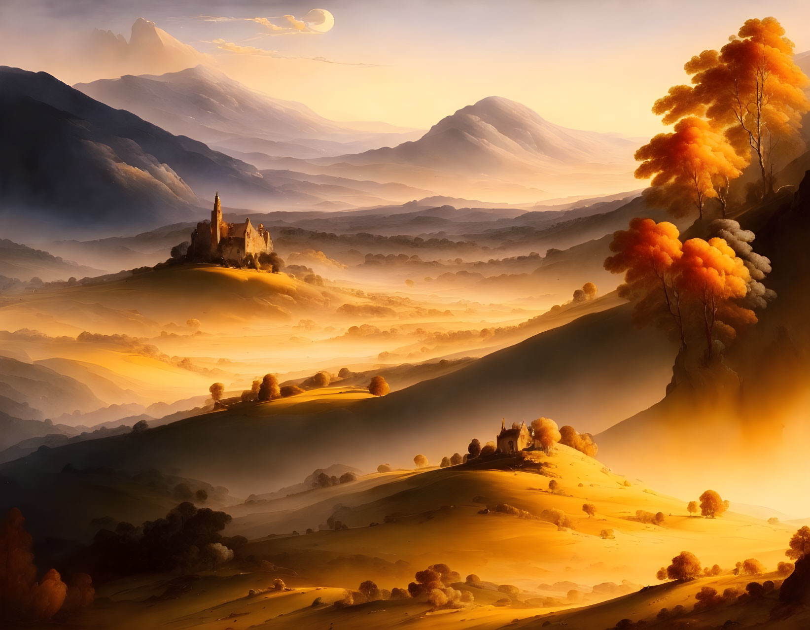 Tranquil sunset landscape with castle, rolling hills, warm light, and crescent moon