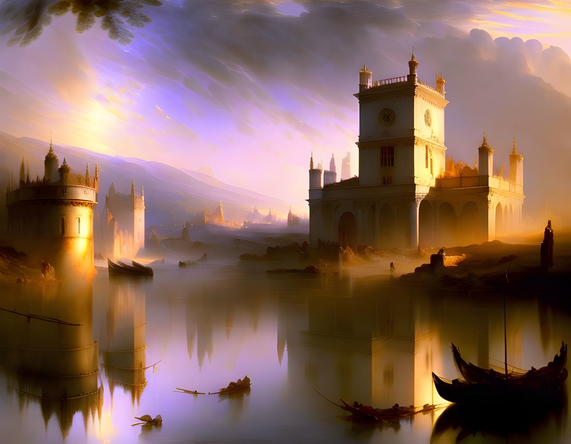 Ornate castle surrounded by water at sunset with boats and mountains