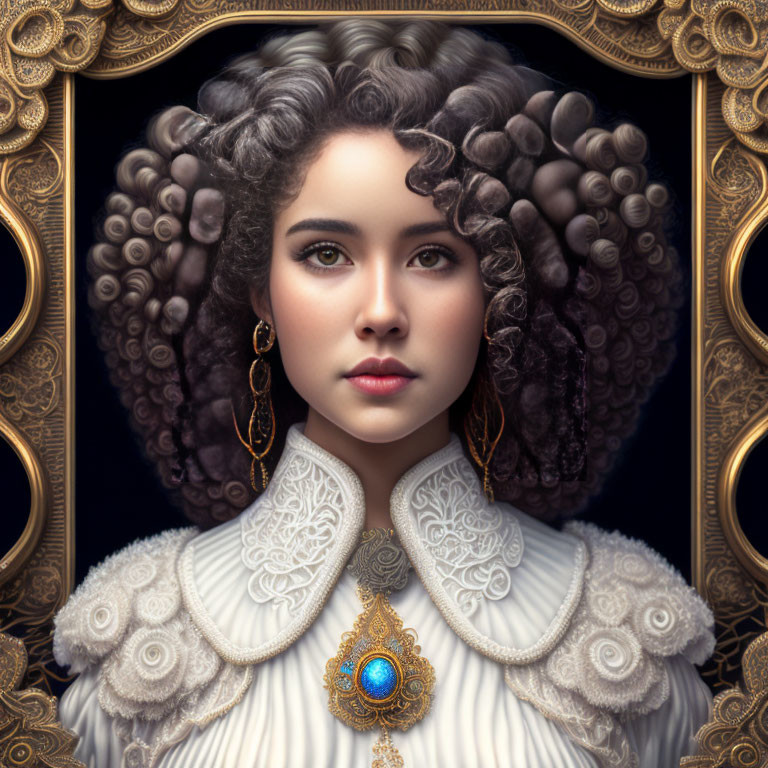 Elaborate Curly-Haired Woman Artwork with Gold Adornments