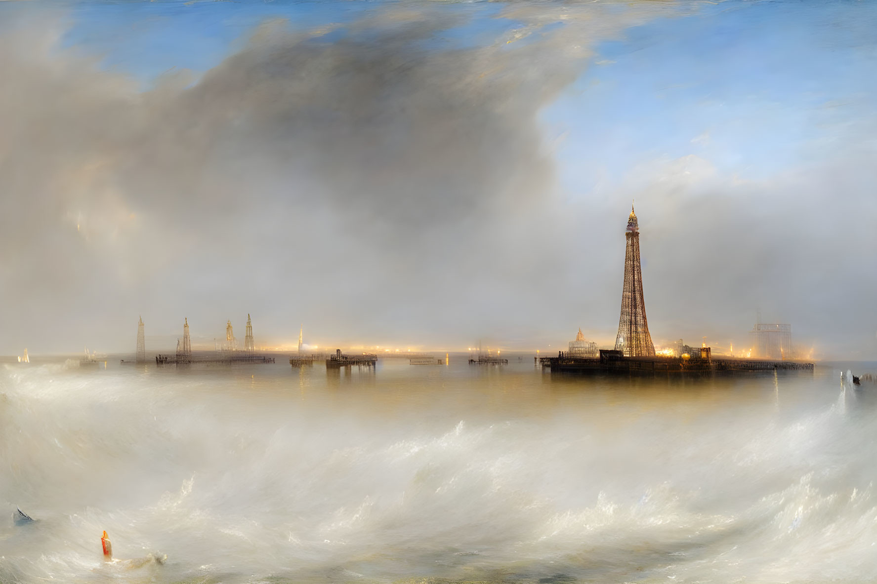 Lighthouse and Piers on Calm Waters at Sunrise