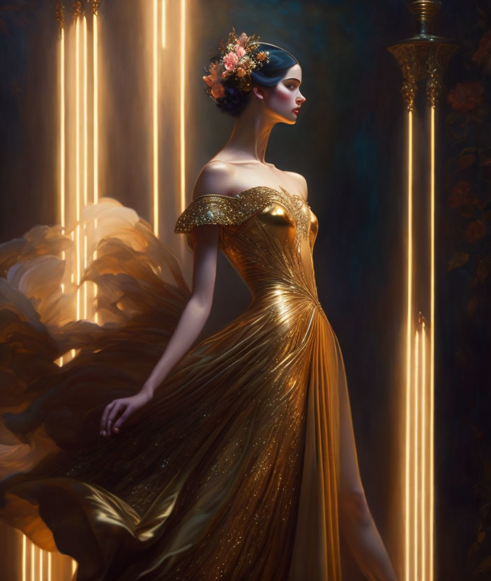 Elegant woman in golden gown with floral headpiece in ethereal room