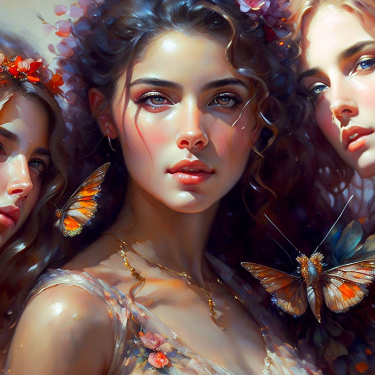 Ethereal women with flowers and butterflies in vibrant colors