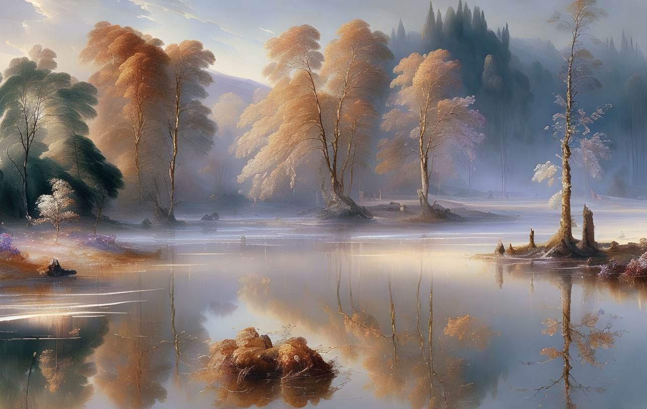 Tranquil autumn landscape with golden birches, misty lake, and warm light