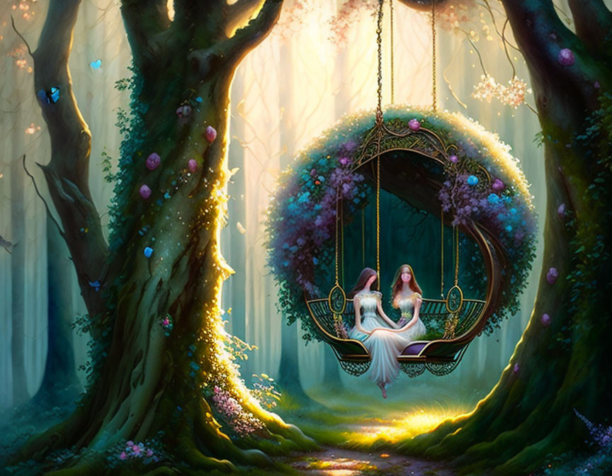 Fantasy scene: Two individuals on ornate swing in ethereal forest