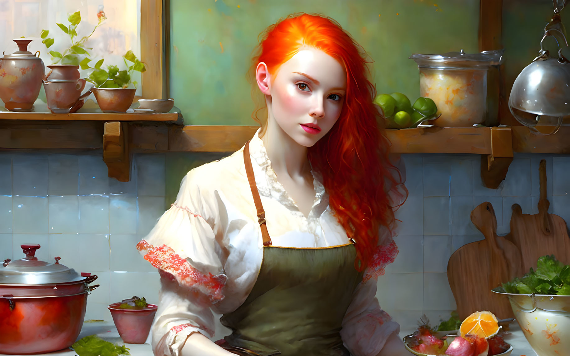 Redhead Woman with Orange Hair in Kitchen Setting with Fresh Ingredients