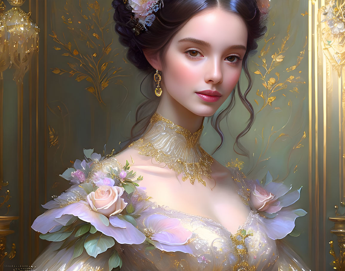 Woman's Portrait with Intricate Floral Hairstyle and Luxurious Gown