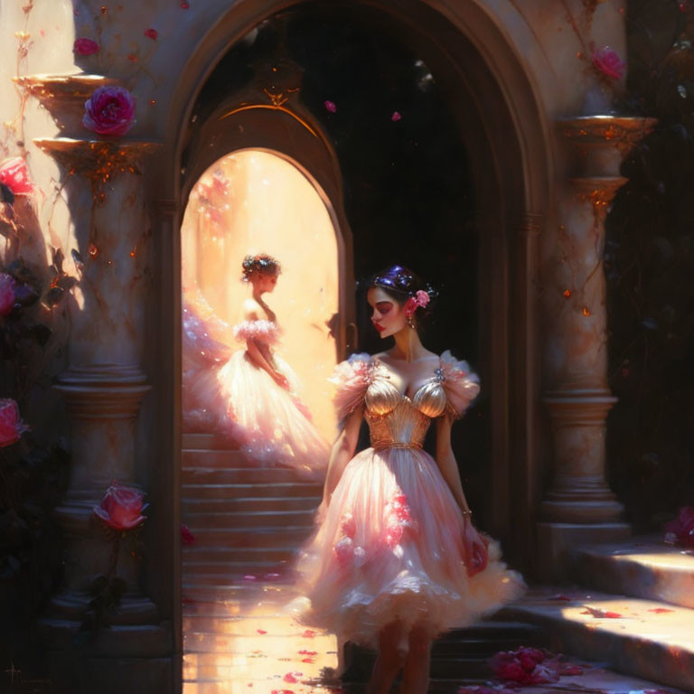 Elegant women in pink gowns by arched doorway with roses in dreamy sunlight