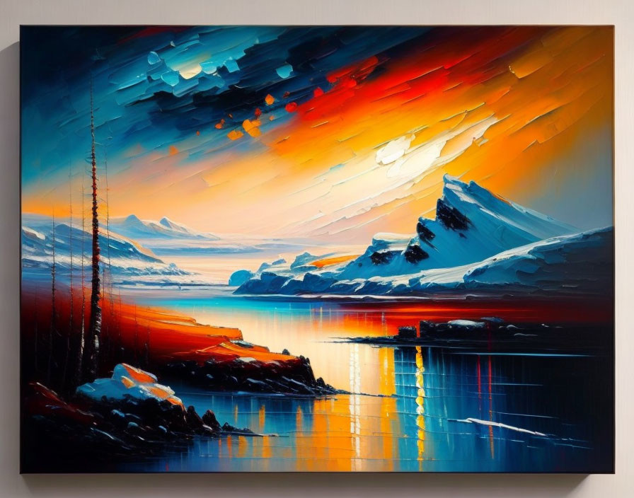 Snowy landscape painting with mountains, lake, sunset sky, clouds, and tree silhouette