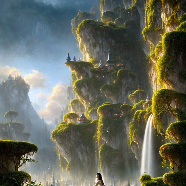 Person observing mystical landscape with towering cliffs, waterfalls, and Asian temples.