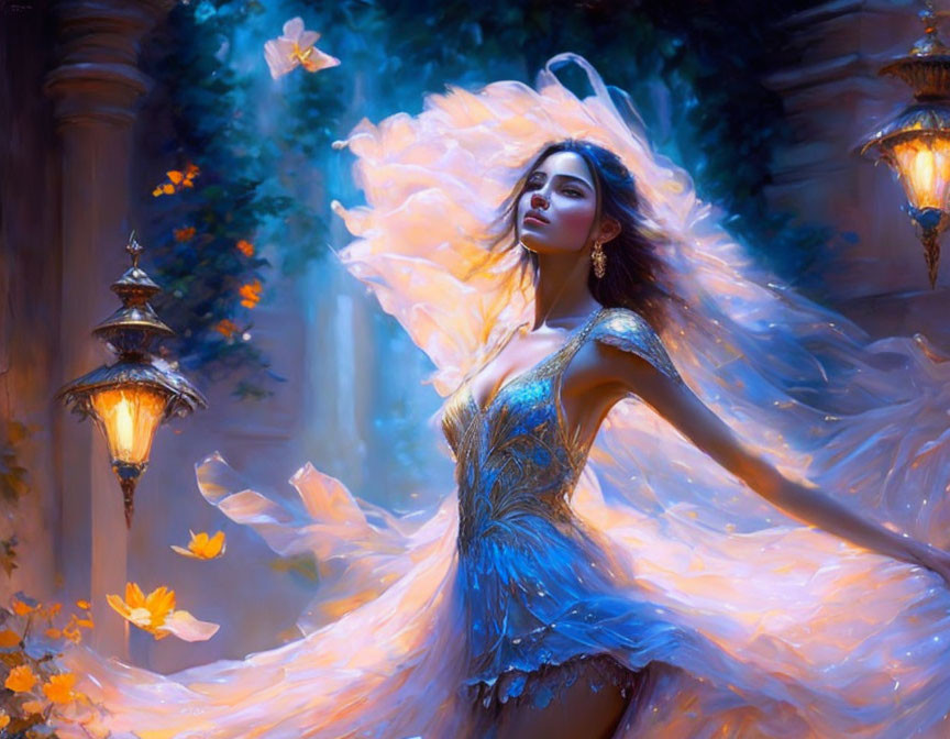 Woman in blue gown surrounded by lanterns and butterflies