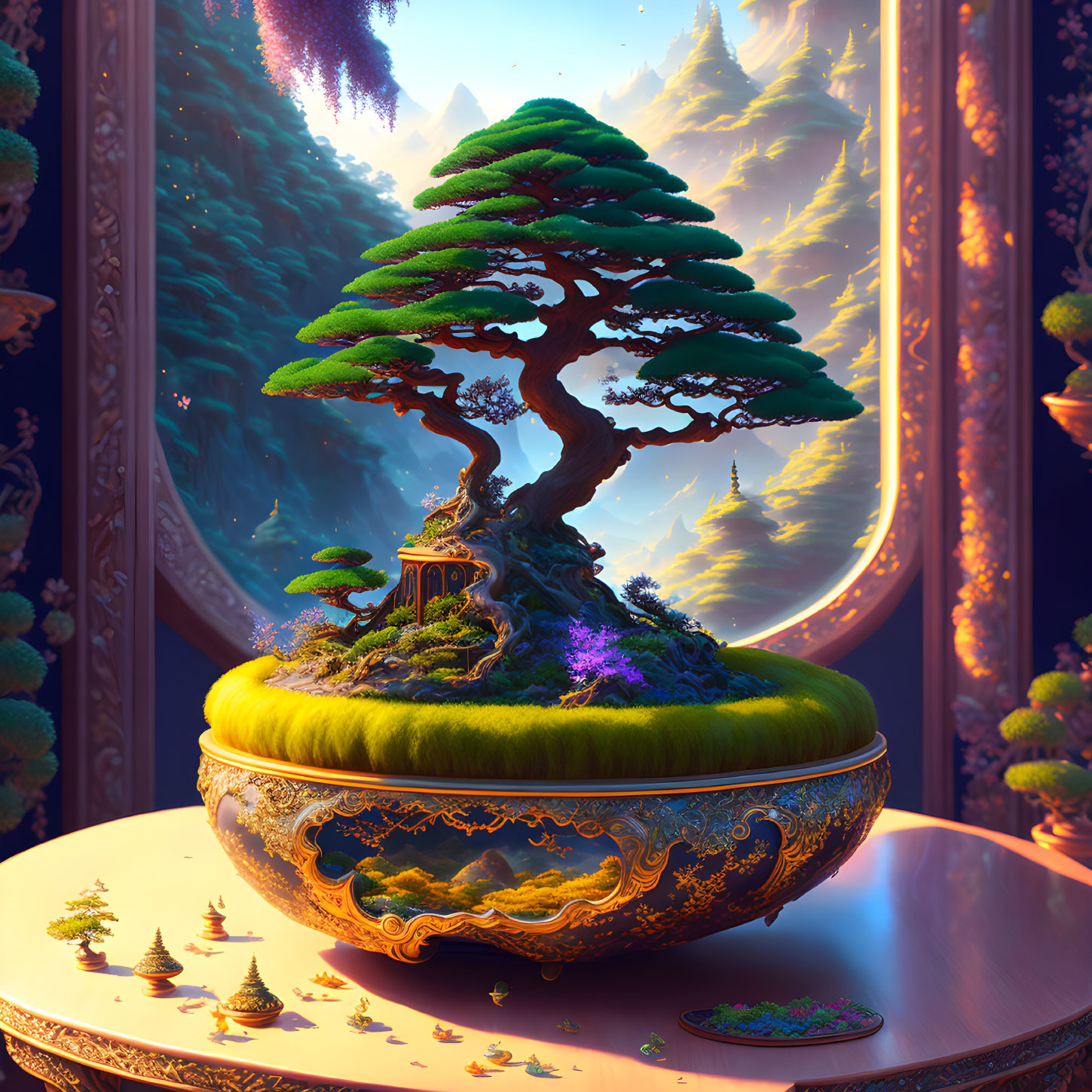 Fantastical bonsai tree in mystical forest with golden sunlight.