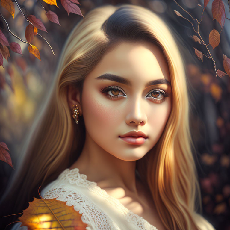 Blonde-haired woman with brown eyes among autumn leaves