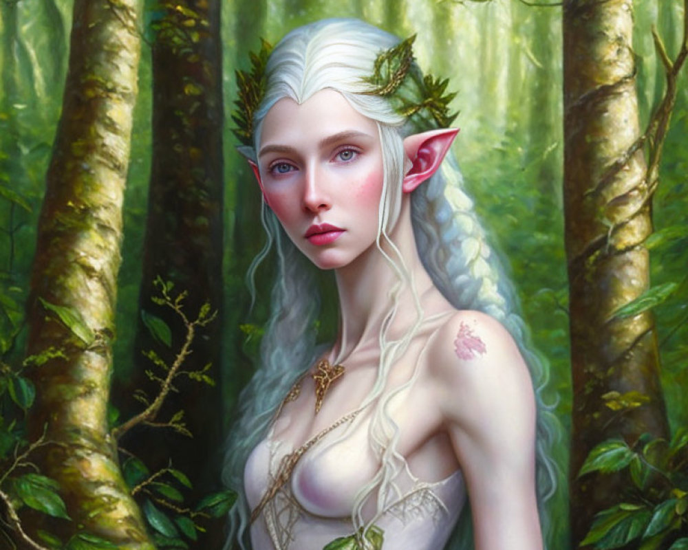 Ethereal elf with pointed ears in leaf crown among lush trees