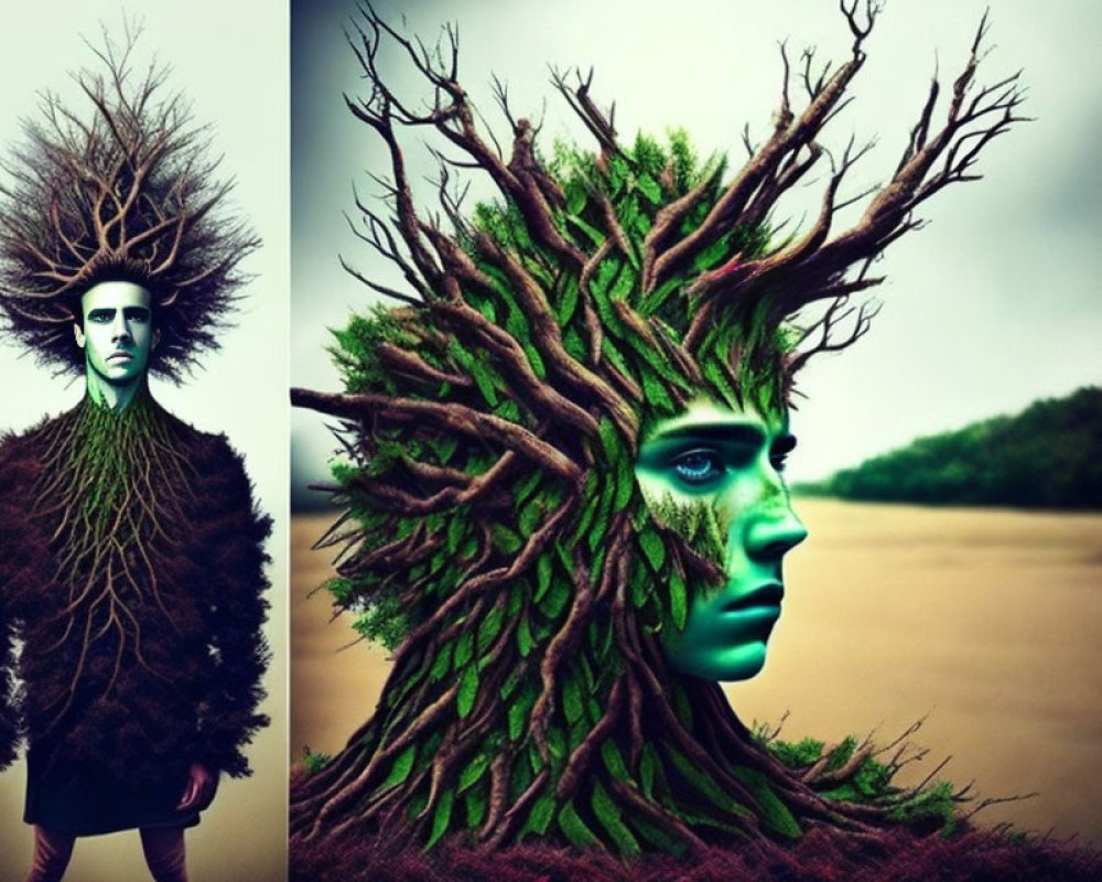 Person with tree-inspired makeup in moody landscape.