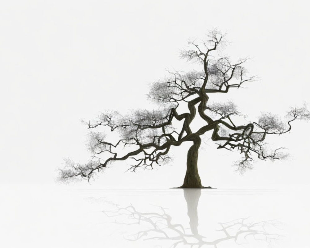 Leafless Tree Reflected on Shiny White Surface: Symmetrical Branches