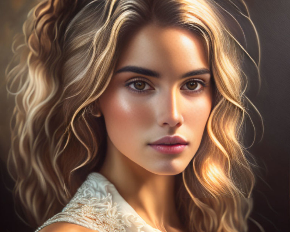 Digital portrait of woman with wavy blonde hair and intense gaze in light, embellished outfit