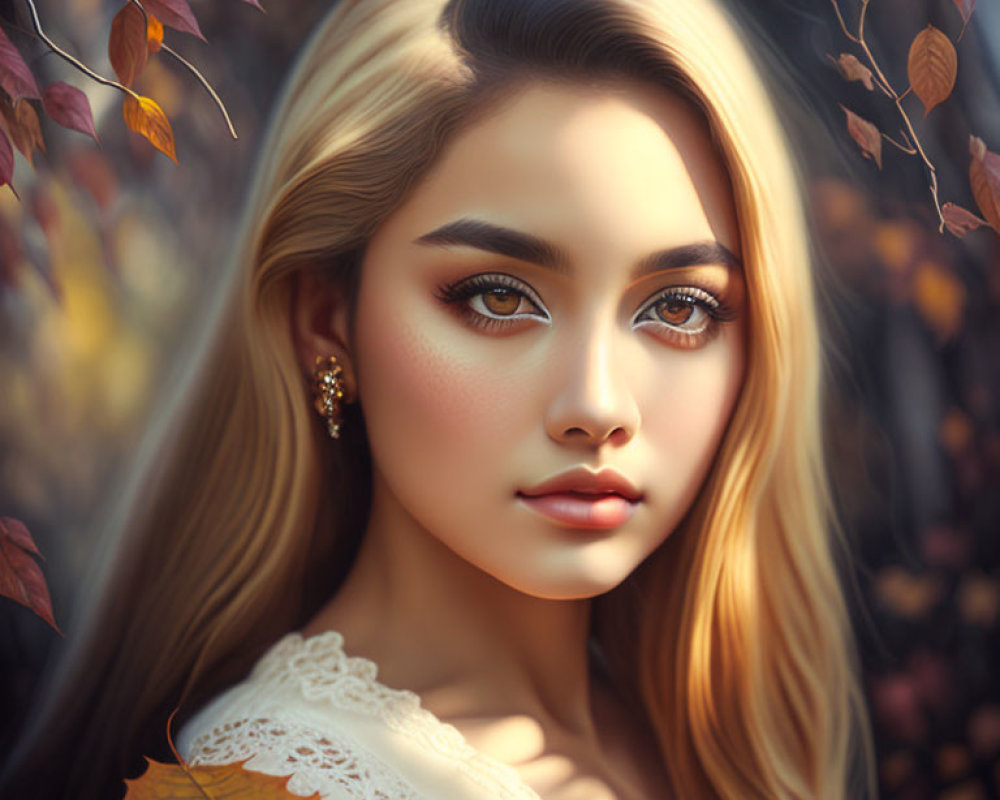 Blonde-haired woman with brown eyes among autumn leaves