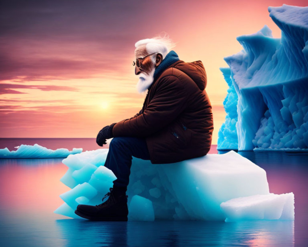 Person sitting on iceberg at sunset with pink and blue hues reflecting on ocean