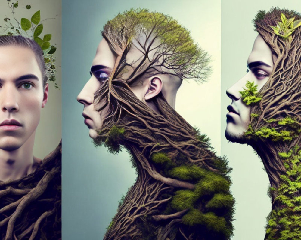 Person transforming into a tree: Progressive profiles show skin turning into bark, branches emerging, and moss growing