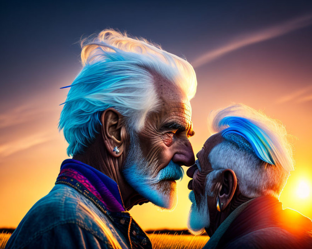 Elderly couple with white and blue hair touching foreheads at sunset