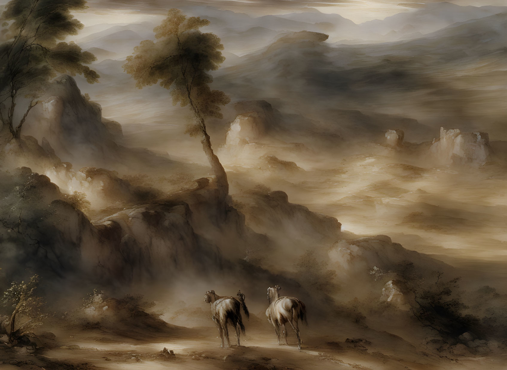 Misty landscape with two wandering horses